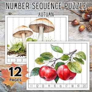 Könnte beinhalten: Ein Satz von 12 druckbaren Zahlenfolgen-Puzzle-Seiten mit Herbstmotiven. Die Seiten enthalten Bilder von Pilzen und Äpfeln, mit den Zahlen 1-20 am unteren Rand.