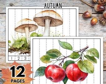 May include: A set of 12 printable number sequence puzzle pages featuring autumn-themed illustrations. The pages include images of mushrooms and apples, with numbers 1-20 printed at the bottom.