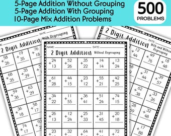 Double Digit Addition Worksheet With and Without Regrouping; 2-Digit Addition Worksheet; Regrouping Addition; Addition Worksheet; Math Drill