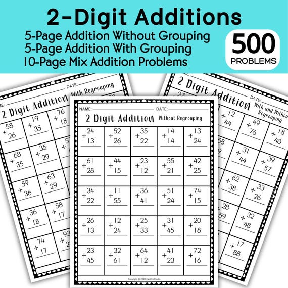 Double Digit Addition Worksheet With and Without Regrouping; 2-Digit Addition Worksheet; Regrouping Addition; Addition Worksheet; Math Drill