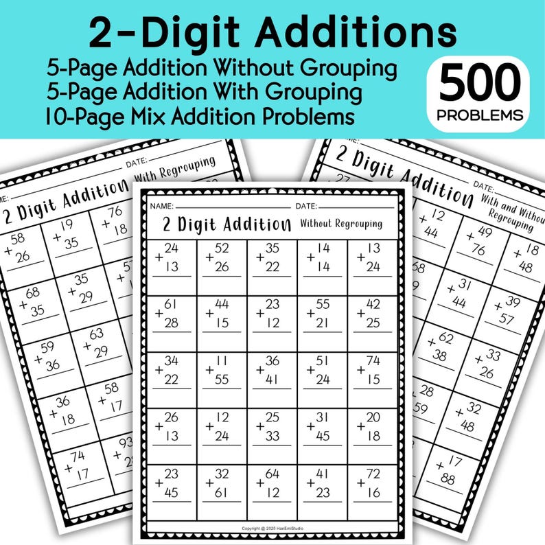 May include: Educational worksheets for 2-digit addition problems. The worksheets include addition without and with regrouping, and mix addition problems. The image shows a stack of worksheets with 500 problems.