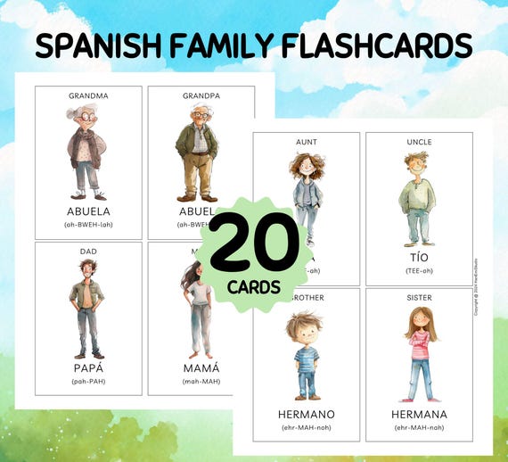 20 SPANISH Family Flashcards; Familia Flashcards; My Family Flashcards; Montessori Flashcards; ESL Flashcards; English Spanish Flashcards