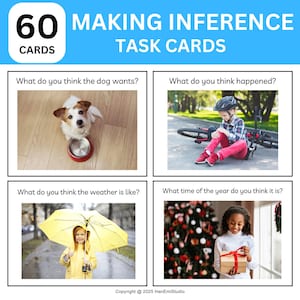 Puede incluir: Cuatro tarjetas de tareas con imágenes y preguntas para fomentar las inferencias. La primera tarjeta muestra un perro mirando hacia arriba a un tazón rojo. La segunda tarjeta muestra a un niño sentado en el suelo con una bicicleta tumbada de lado. La tercera tarjeta muestra a un niño sosteniendo una sombrilla amarilla bajo la lluvia. La cuarta tarjeta muestra a un niño sosteniendo un regalo envuelto frente a un árbol de Navidad decorado.
