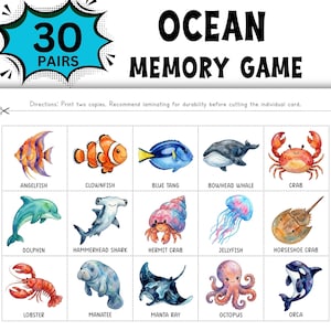 Puede incluir: Un "Juego de Memoria del Océano" con 30 pares de criaturas marinas ilustradas. El juego incluye imágenes de acuarela coloridas de un pez ángel, pez payaso, pez cirujano azul, ballena de Groenlandia, cangrejo, delfín, tiburón martillo, cangrejo ermitaño, medusa y cacerola.