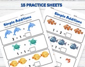 Sea Animal Simple Addition Worksheets for Preschoolers and Kindergartener; Picture Addition; Picture Math; Addition Worksheets; Adding to 10