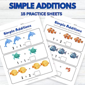 15-Page Sea Animal Simple Addition Worksheets for Preschoolers and Kindergarteners; Picture Additions; Picture Math; Addition Worksheets