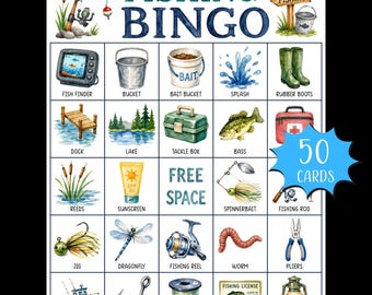 Gra bingo wędkarskie do druku; Aktywność na imprezę wędkarską; Gra urodzinowa rybaka; Gra na obóz letni; Gra na przyjęcie urodzinowe; Gra na imprezę dla seniorów