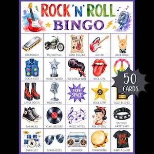 Puede incluir: Una tarjeta de juego de bingo Rock 'n' Roll con una cuadrícula de veinticinco ilustraciones en acuarela que incluyen una guitarra, un micrófono, una motocicleta, un chaleco de mezclilla, un premio musical, un peinado rockabilly y un boombox.