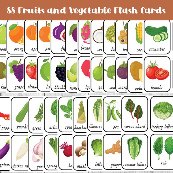 88 Fruits and Vegetables Flash Cards, Kids Learning Flash Cards, Homeschool Worksheet, Preschool Learning, Montessori Flashcards