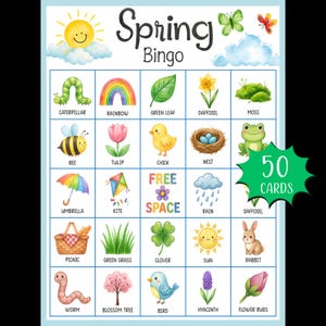 May include: A colorful Spring Bingo game card with illustrations of a caterpillar, rainbow, daffodil, bee, tulip, chick, nest, umbrella, kite, rain, picnic, grass, clover, sun, rabbit, worm, tree, bird, hyacinth, and flower buds. The card has the text "Spring Bingo" and "50 Cards".