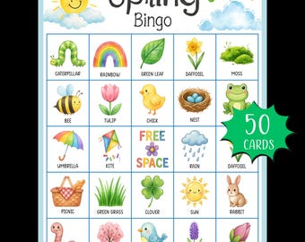 Afdrukbaar lentebingospel; Voorjaarsklasactiviteit; Spel lentefeest; Natuurbingo; Voorjaarsvakantie voor kinderen; Voorjaarskaarten