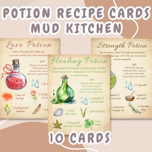 10 cartes de recettes de potions de cuisine de boue pour faire semblant ; Jeu d'extérieur ; Jeu dans la nature ; Cartes de recettes de cuisine de boue ; Jeu créatif ; Recettes visuelles ;