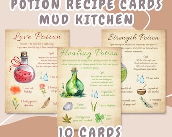 10 cartões de receitas de poções de cozinha de lama para brincadeiras de faz de conta; brincadeiras ao ar livre; brincadeiras na natureza; cartões de receitas de cozinha de lama; brincadeiras criativas; receitas visuais;