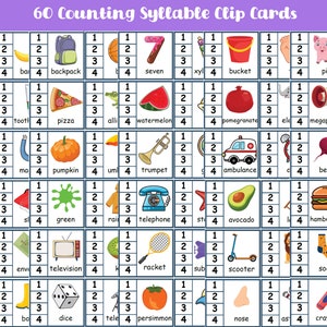 60 tarjetas recortables para contar sílabas; Hoja de trabajo para contar sílabas; Hoja de trabajo de sílabas; Reconocimiento de sílabas; Lectura de 1.er grado; Página de sílabas