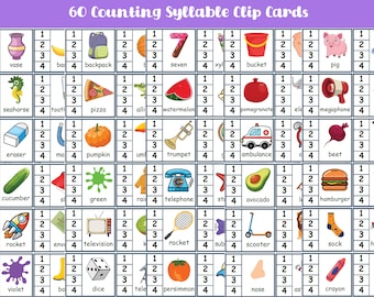 60 Counting Syllable Clip Cards; Counting Syllable Worksheet; Syllables Worksheet; Syllable Recognition; 1st grade reading; Syllable Page