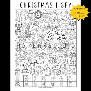 May include: Black and white Christmas I Spy activity sheet. The sheet features various holiday-themed illustrations, including reindeer, Santa Claus, gifts, and ornaments. The text "Merry Christmas" and "Hallelujah" are also included. Available in 8.5 x 11" and 18 x 24" sizes.