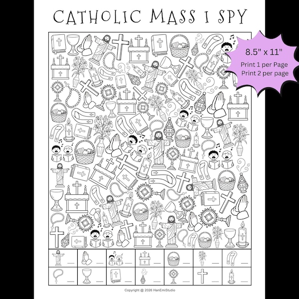 Juego imprimible de objetos ocultos para la misa católica; Juego para la misa dominical; Juegos de la iglesia católica; Juegos de la escuela dominical; Bingo de la misa católica; Misa dominical