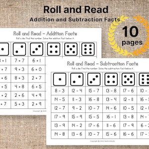 May include: Educational printable worksheets titled "Roll and Read" for addition and subtraction facts. The worksheets feature dice illustrations and math problems. The text "10 pages" is visible. Copyright information is included.