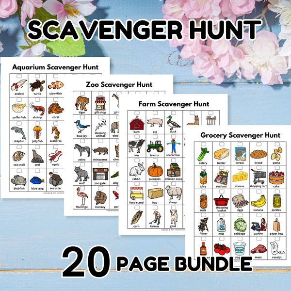 20-Page Scavenger Hunt Bundle, Kids Friendly, All Ages, Nature, Aquarium, Zoo, Farm, Beach, Grocery, Road Trip, Airport, Restaurant, Spring