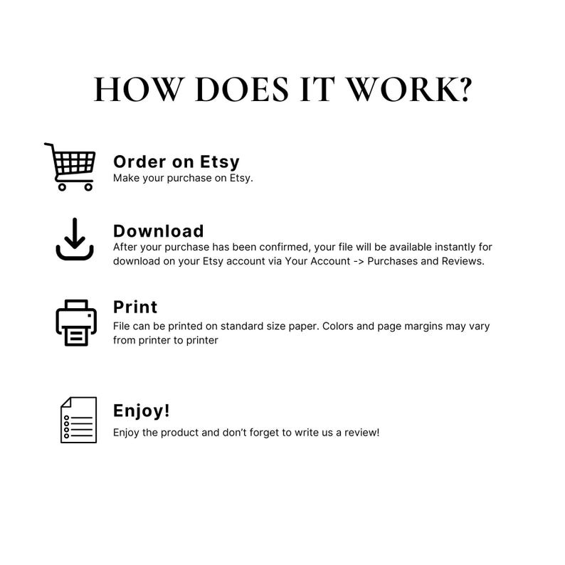 May include: A diagram showing how to order, download, print, and enjoy a digital product purchased on Etsy. The diagram includes icons for a shopping cart, a download arrow, a printer, and a document.