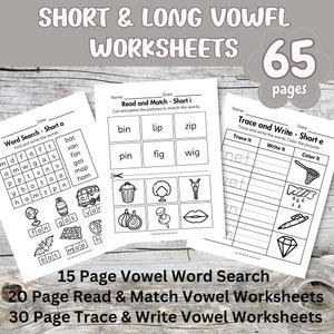 Puede incluir: Hojas de trabajo imprimibles en blanco y negro para enseñar los sonidos de las vocales cortas y largas. Las hojas de trabajo incluyen búsquedas de palabras, actividades de lectura y coincidencia, y actividades de trazado y escritura. Hay 65 páginas en total.