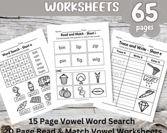 65 Page Short and Long Vowel Worksheets; 5-7 years old; I Can Write CVC; Read Trace Write CVC; CVC Word Search; cvc practice sheets;