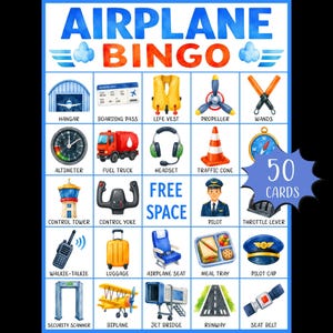 Könnte beinhalten: Eine Airplane Bingo Spielkarte mit 25 Feldern, die Aquarellillustrationen von Luftfahrtgegenständen wie Hangar, Schwimmweste, Tankwagen, Pilot und Kontrollturm zeigen. Der Titel lautet Airplane Bingo und enthält insgesamt 50 Karten.