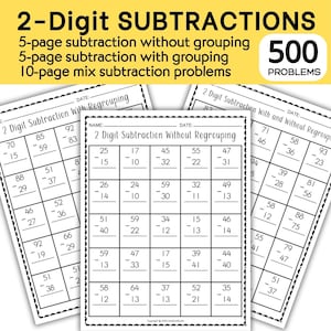 Puede incluir: Hojas de trabajo imprimibles para problemas de resta de 2 dígitos, con y sin reagrupación, y una mezcla de ambos. La imagen muestra un total de 500 problemas.