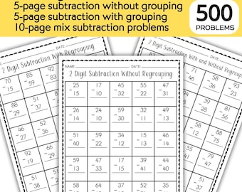 Double Digit Subtraction Worksheet With and Without Regrouping; 2-Digit Subtraction Worksheet; Regrouping Subtraction; Subtraction Worksheet