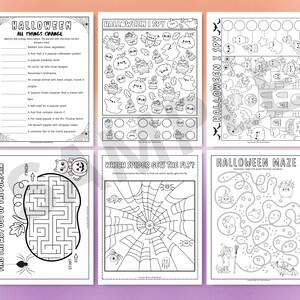 May include: A set of printable Halloween activity sheets for kids. The sheets feature a pumpkin maze, a spider maze, a Halloween I Spy game, and a Halloween-themed word search.