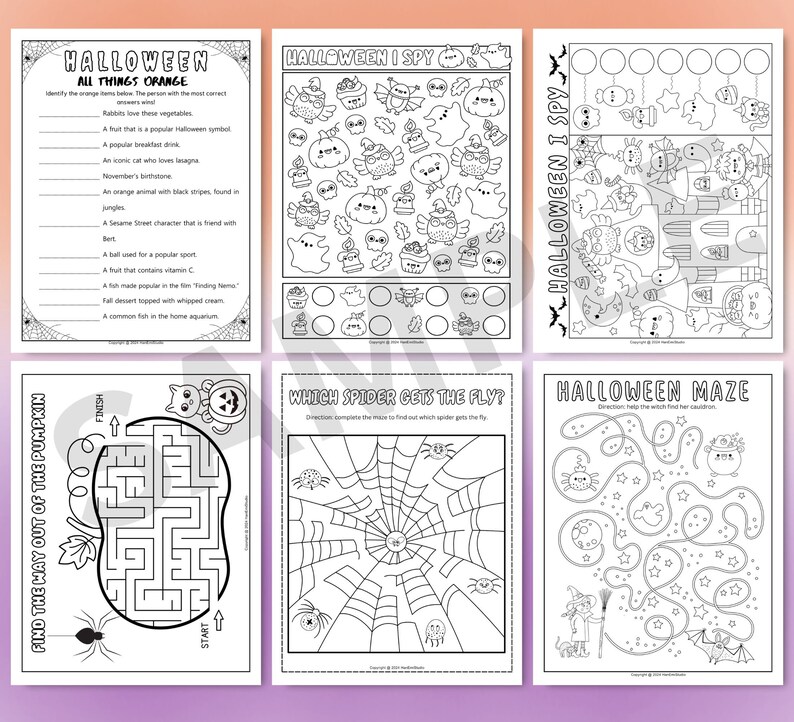May include: A set of printable Halloween activity sheets for kids. The sheets feature a pumpkin maze, a spider maze, a Halloween I Spy game, and a Halloween-themed word search.
