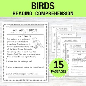 Op de afbeelding: Zwart-witte printbare leesvaardigheidswerkbladen voor kinderen over vogels. De werkbladen tonen een Amerikaanse zeearend, een kraai, een blauwe gaaien, een havik en een ijsvogel. De werkbladen bevatten tekst en vragen over elke vogel. De titel van de werkbladen is "Vogel-leesvaardigheid".