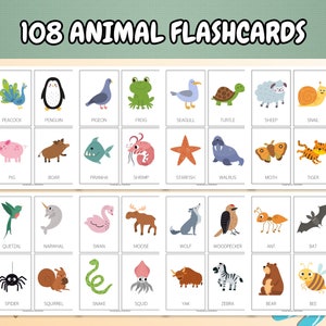 108 cartes-éclair sur les animaux pour les enfants ; Les enfants apprennent des cartes flash ; Feuilles de travail pour l'apprentissage préscolaire ; Flashcards Montessori ; Flashcards imprimables
