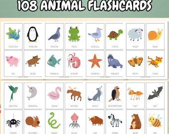 108 Animal Flashcards for kids; Kids Learning Flash Cards; Preschool Learning Worksheets; Montessori Flashcards; Printable Flashcards