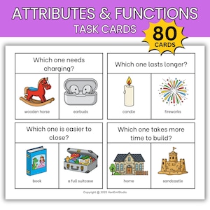 Cartões de Atividades sobre Atributos e Funções; Cartões de Atividades com Perguntas "O quê", "Quando", "Onde", "Por quê" e "Quando"; Terapia da Fala; Folha de Atividades de Inglês como Segunda Língua; Terapia da Fala para Imprimir; Educação Especial