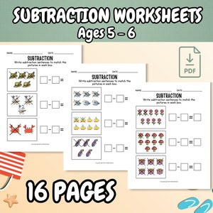 16-Page Simple Subtraction Worksheets Numbers 1 - 10 for Preschooler;  Kindergartener; first grade math; Picture Math; Beginner Math