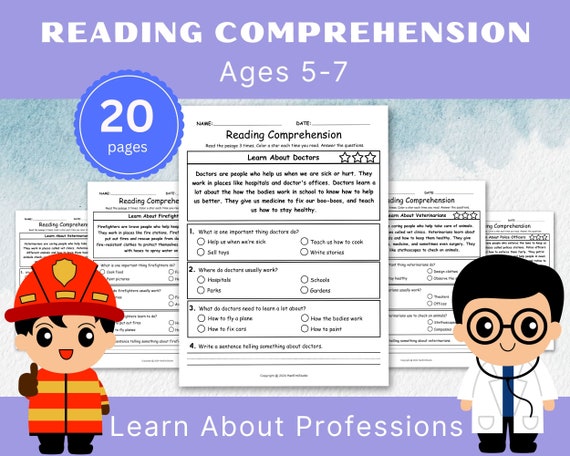 20 Reading Comprehension Worksheets about Professions for Ages 5-7 Kindergarten to Grade 2; Beginner Readers; Prek Reading Comprehension