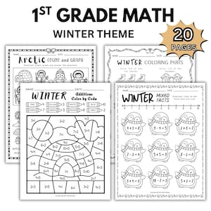 May include: A collection of winter-themed 1st-grade math worksheets. The worksheets include counting, graphing, addition, and color-by-code activities. The pages feature illustrations of penguins, snowmen, and ice skates. The title reads "1st Grade Math Winter Theme".