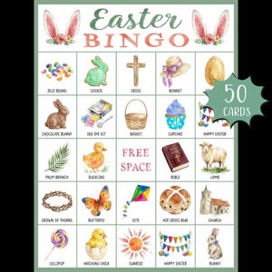 May include: An Easter Bingo game card with watercolor illustrations of Easter-themed items like jelly beans, a bunny, and a cross. The card includes the text "Easter Bingo" and "50 Cards".