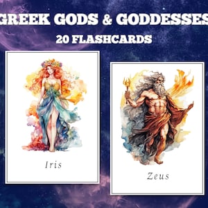 Karteikarten mit 20 griechischen Göttern und Göttinnen; Druckbare Karteikarten; Karteikarten für Kinder; Mythologische Studienkarten; Griechische Mythologie; Antiken Griechenland