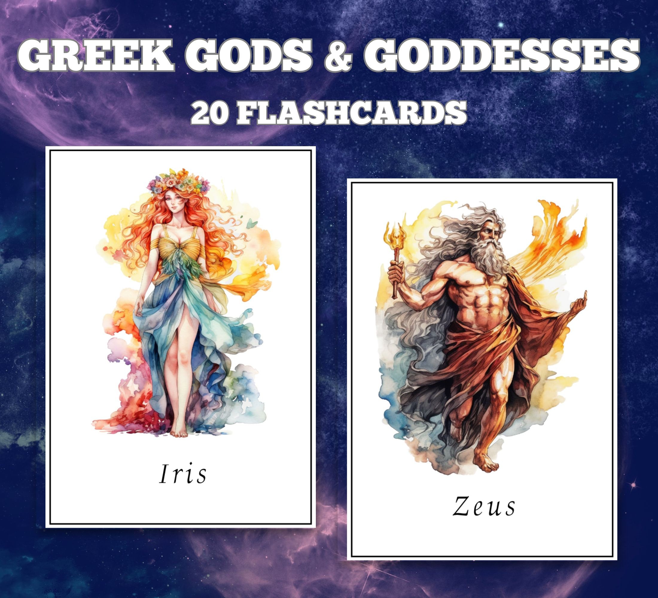 20 Greek Gods and Goddesses Flashcards; Printable Flashcards; Flashcards for Kids; Mythological Study Cards; Greek Mythology; Ancient Greece