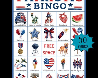 Jogo de Bingo Patriótico para Imprimir; Jogo para Festa de 4 de Julho; Bingo do Dia da Independência; Vermelho, Branco e Azul; Jogo para Churrasco de Verão; Bingo do Dia da Memória