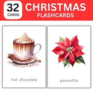 32 Karteikarten für Weihnachten; Aquarell Kinder Karteikarten; Weihnachtsbildkarten; Weihnachtsaktivitäten; Vokabelkarten