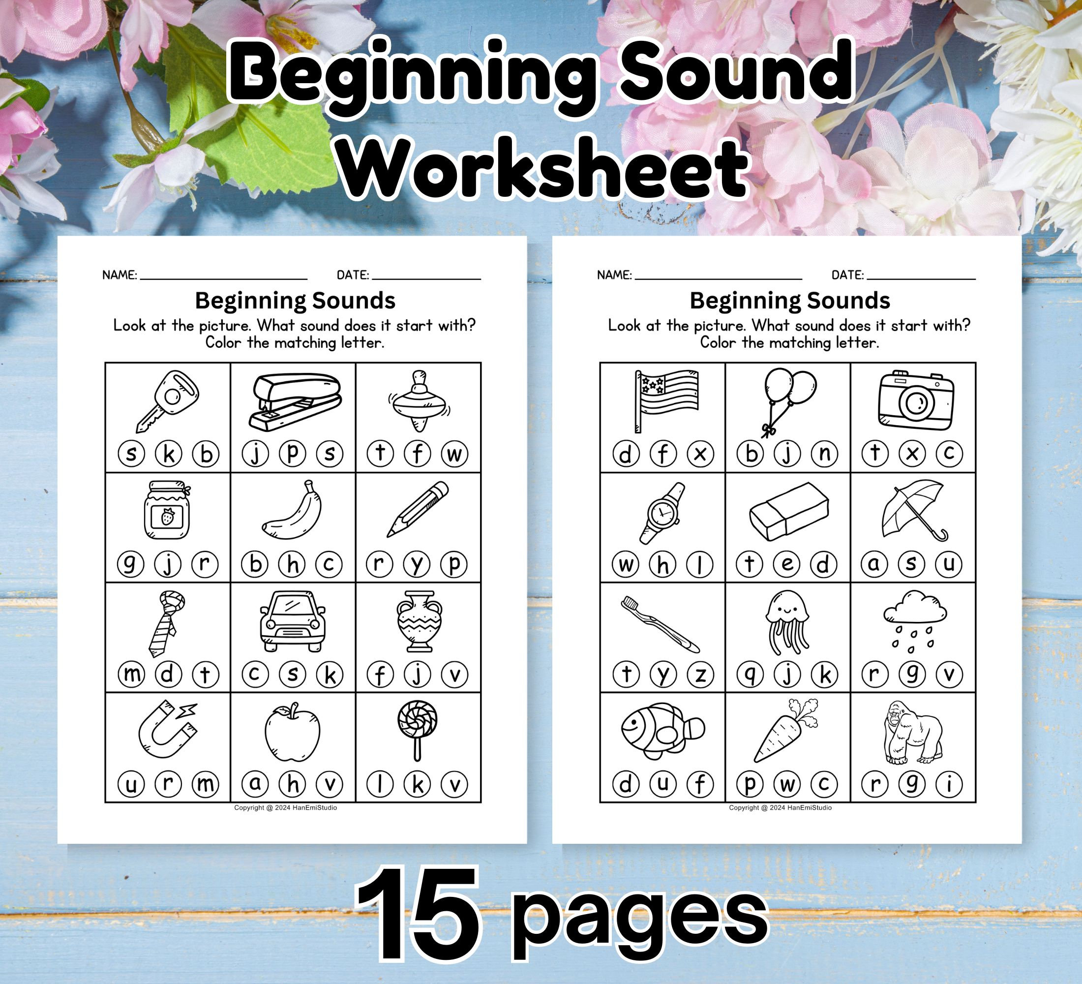 15-Page Beginning Sound Worksheets; PreK learning; kindergarteners; phonic awareness; homeschool worksheet; beginning sound recognition