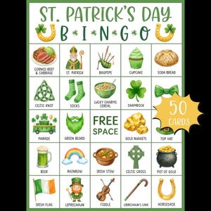 May include: St. Patrick's Day Bingo card with various themed illustrations, including a leprechaun, Irish flag, and pot of gold. The card features the text "St. Patrick's Day Bingo" at the top and "50 Cards" in the corner.