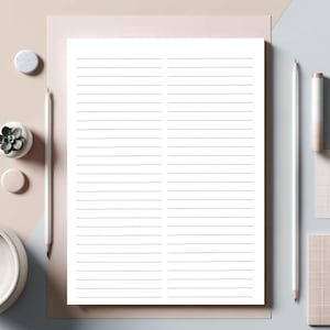 Puede incluir: Un cuaderno de papel blanco con líneas, con dos columnas de líneas. El cuaderno está sobre una superficie rosa claro con un lápiz blanco y una pequeña planta en maceta.