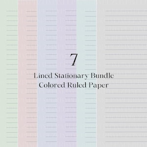 Peut inclure: Un ensemble de sept papiers à lettres lignés dans différentes couleurs pastel. Les papiers sont tous lignés de fines lignes noires. Le texte sur l'image est "7 Lined Stationary Bundle Colored Ruled Paper".
