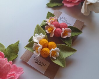 Berry Hair Clasps Set - Pink and Yellow Berries with Flowers  - Felt Flower Accessories - Handmade Gift