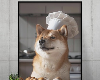 Framed Dog Poster, chef dog, shiba inu, funny pet poster, dog portrait, ready to hang, digital download