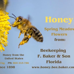 Könnte beinhalten: Eine Honigbiene sammelt Nektar von einer gelben Frühlingswiesenblume. Der Text lautet "Honey Spring Meadow Flowers from: Beekeeping F. Baker & Son Florida www.honey.bee.baker.com".